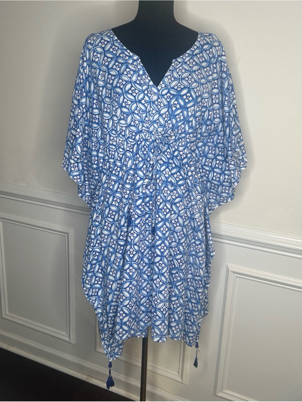 Pax Philomena Blue & White Patterned V-Neck Kaftan Tunic, One Size